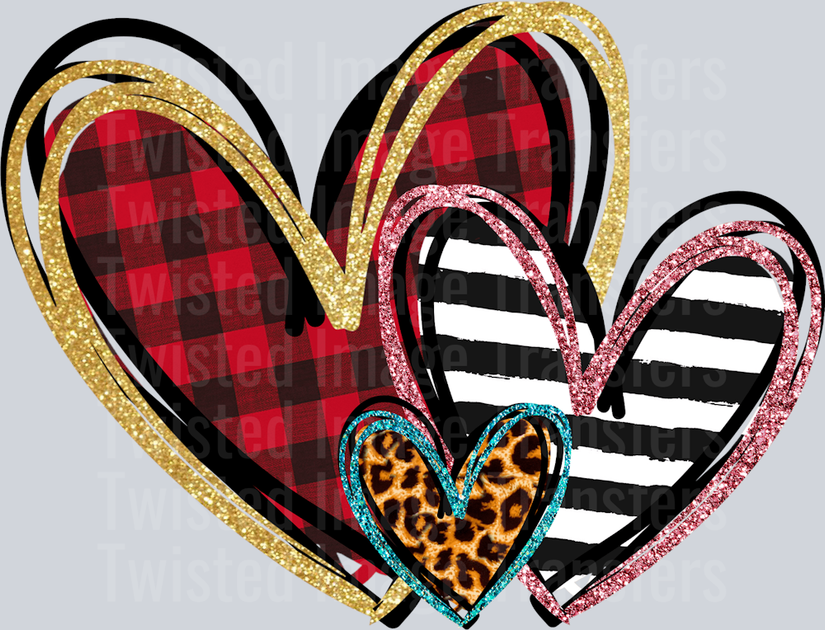 Trio Of Hearts Outlined In Shimmer With Plaid Stripe And Animal Print ...
