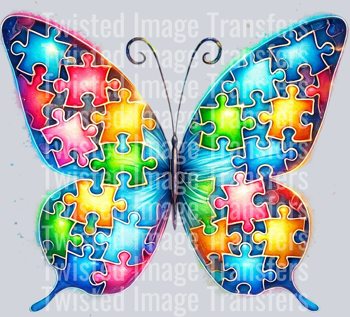 Autism Puzzle Pieces Blue Butterfly DTF (direct-to-film) Transfer ...