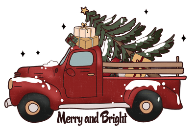 Merry And Bright Red Truck with Christmas Tree Direct to Film DTF Transfer - Twisted Image Transfers