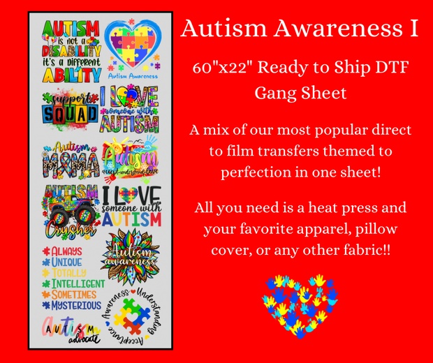 Autism Awareness 1 60"x22" DTF Ready to Ship Gang Sheet