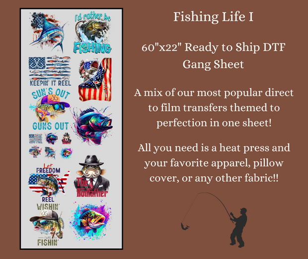 Fishing Life 1 60x22" DTF Ready to Ship Gang Sheet
