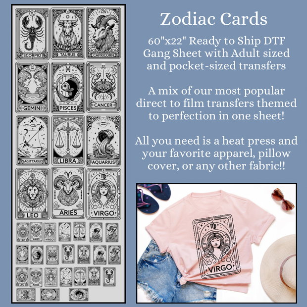 Zodiac Cards with Pockets 60" DTF Ready to Ship Gang Sheet