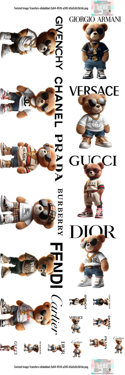 Designer Bears Adult 60" DTF Ready to Ship Gang Sheet