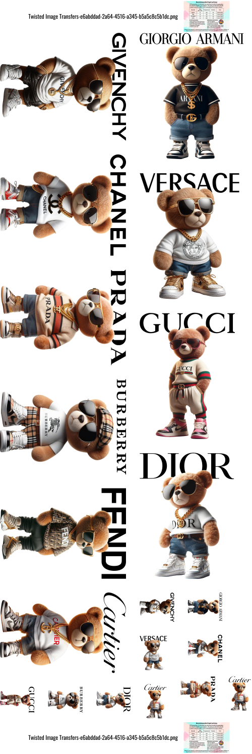 Designer Bears Adult 60" DTF Ready to Ship Gang Sheet