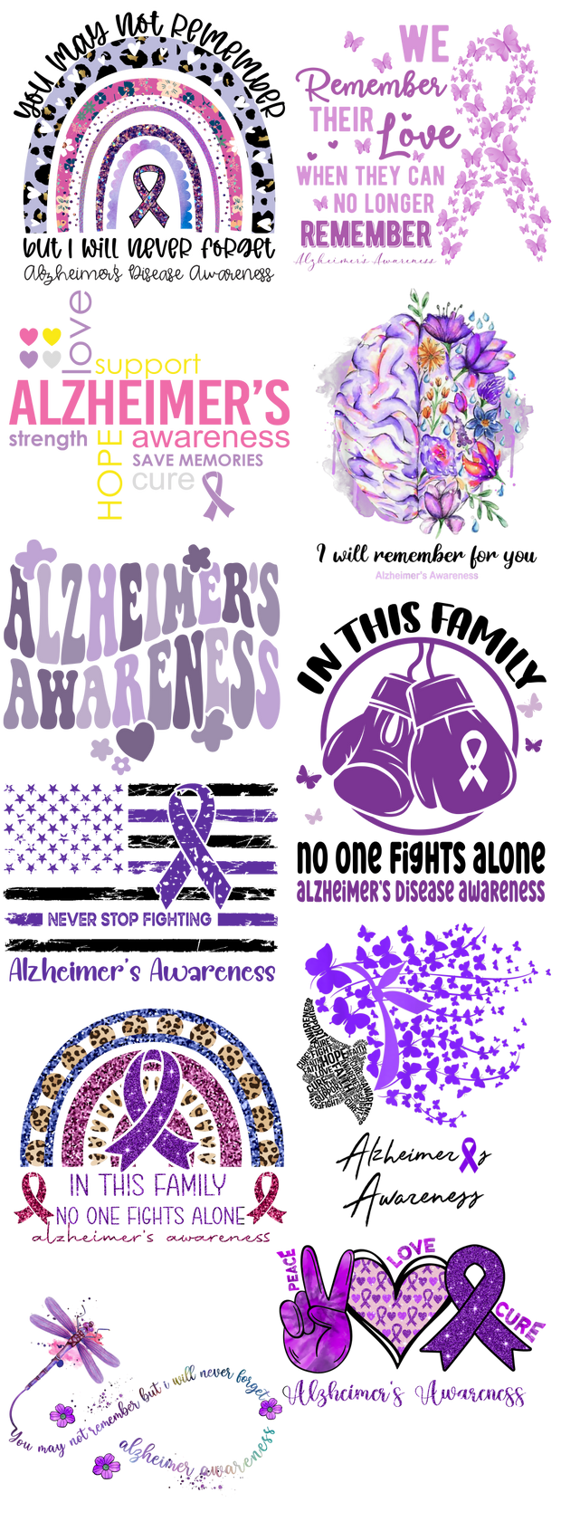 Alzheimer's Awareness 2 60"x22" DTF Ready to Ship Gang Sheet