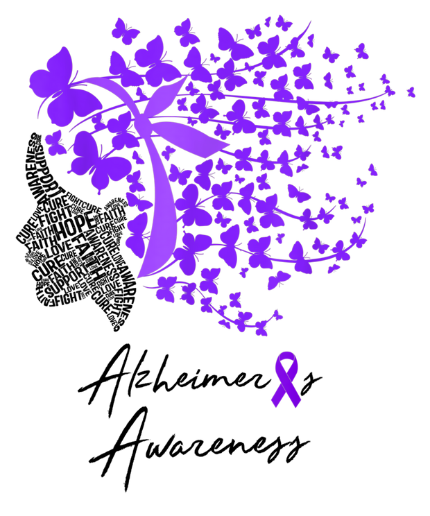 Alzheimer's Awareness Purple Butterflies Black Font DTF (direct to film) Transfer