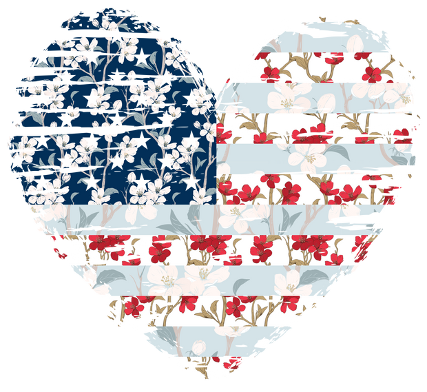 American Flag Heart With Cherry Blossoms  DTF (direct-to-film) Transfer