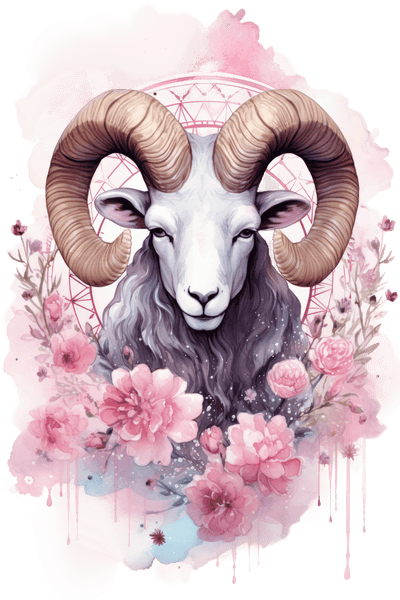 Aries Ram in Pink Flowers Color Drip DTF (direct-to-film) Transfer