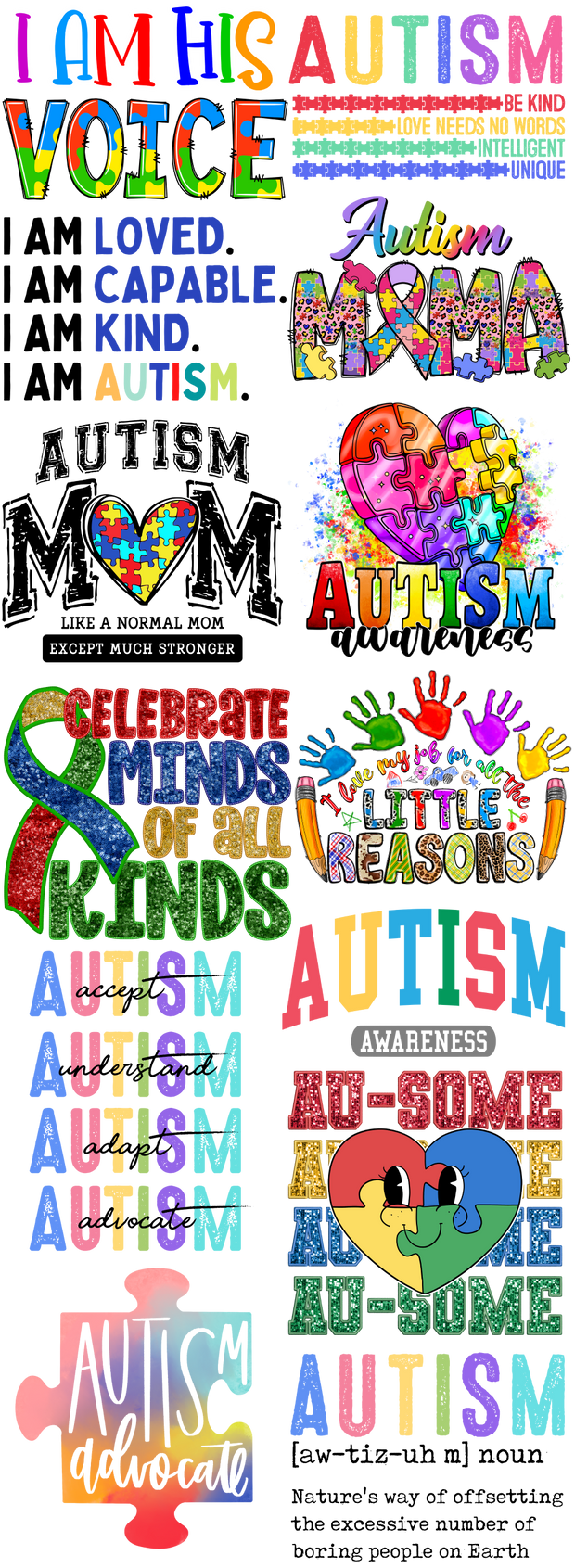 Autism Awareness 2 60x22" DTF Ready to Ship Gang Sheet