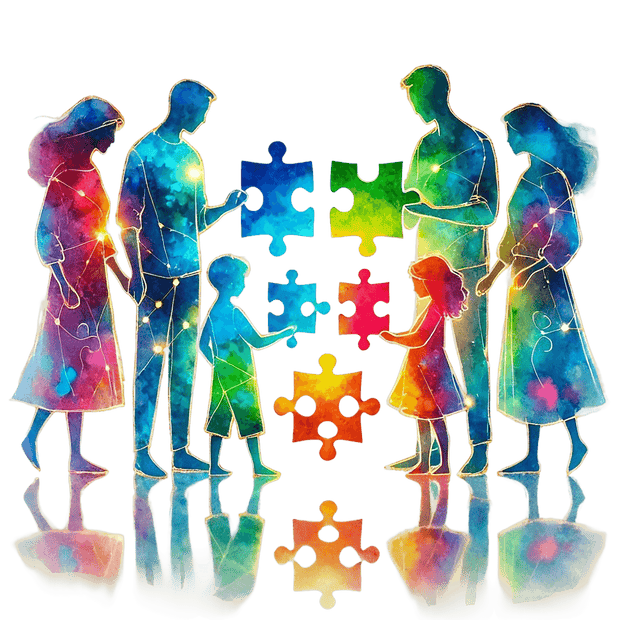 Autism Puzzle Pieces Four Adults With Kids DTF (direct to film) Transfer