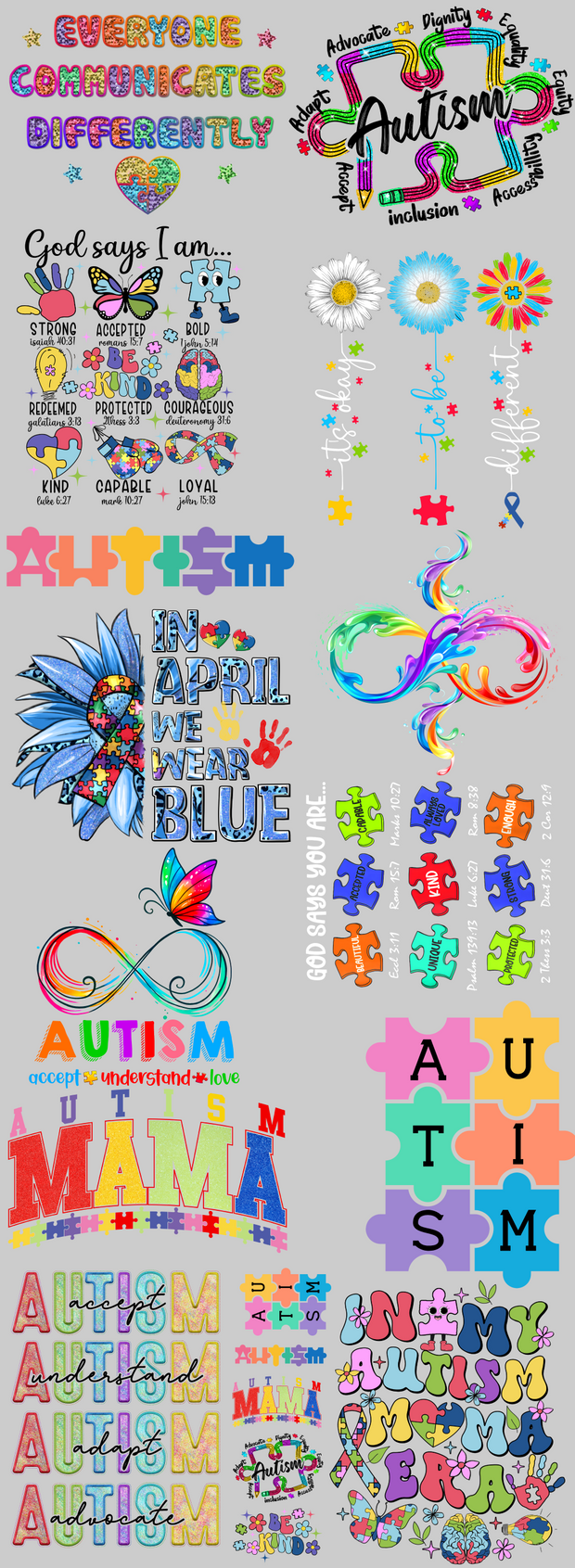 Autism Awareness III with Adult and Pocket Sizes 60" DTF Ready to Ship Gang Sheet