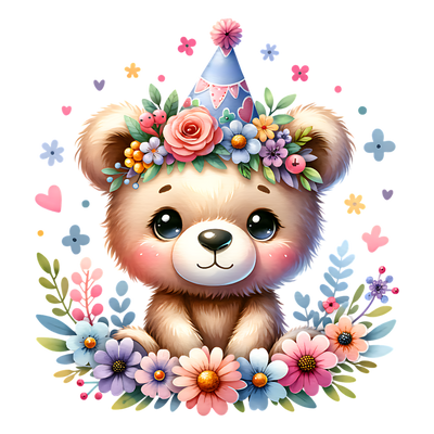 BABY BEAR IN PARTY HAT CLIPART DTF (direct-to-film) Transfer
