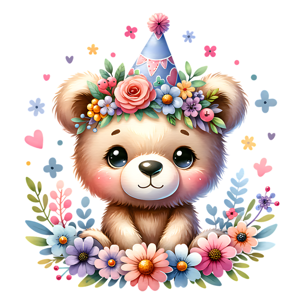 BABY BEAR IN PARTY HAT CLIPART DTF (direct-to-film) Transfer
