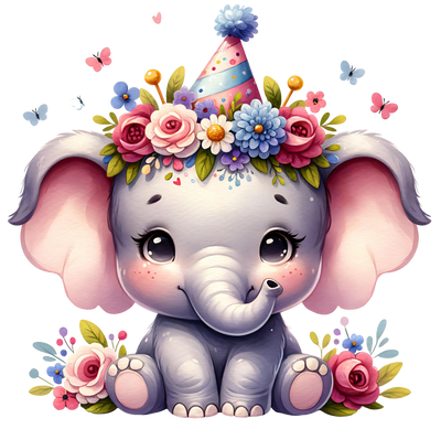 BABY ELEPHANT IN PARTY HAT CLIPART DTF (direct-to-film) Transfer