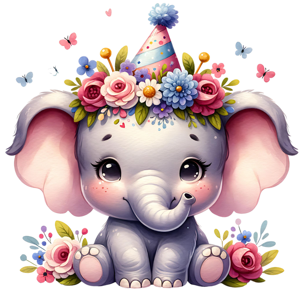 BABY ELEPHANT IN PARTY HAT CLIPART DTF (direct-to-film) Transfer