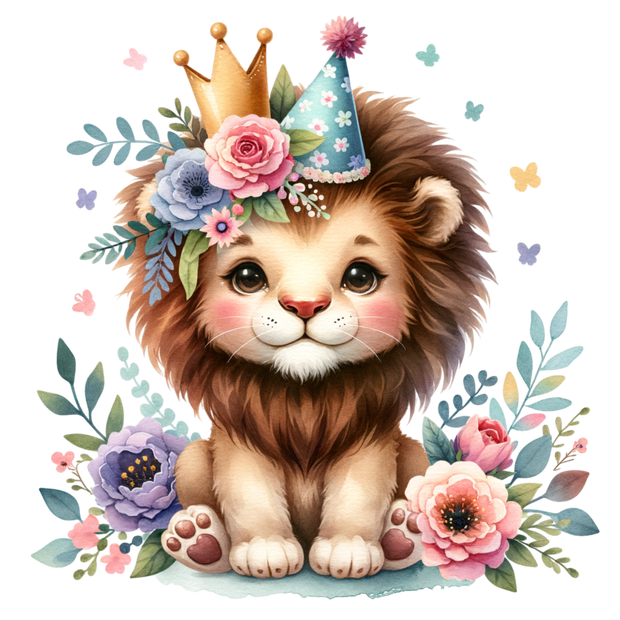 BABY LION IN PARTY HAT CLIPART DTF (direct-to-film) Transfer