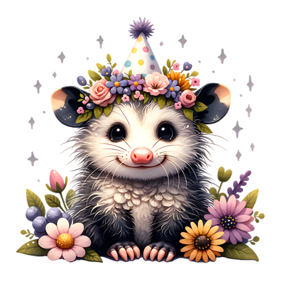 BABY OPOSSUM IN PARTY HAT CLIPART DTF (direct-to-film) Transfer