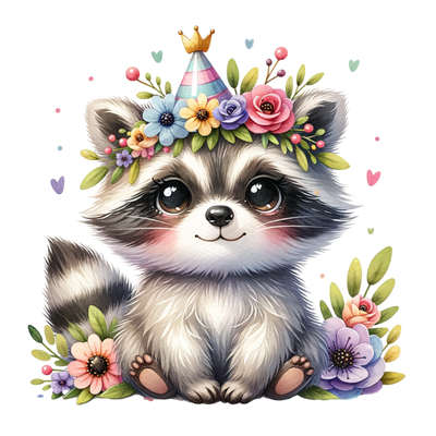 BABY RACCOON IN PARTY HAT CLIPART DTF (direct-to-film) Transfer