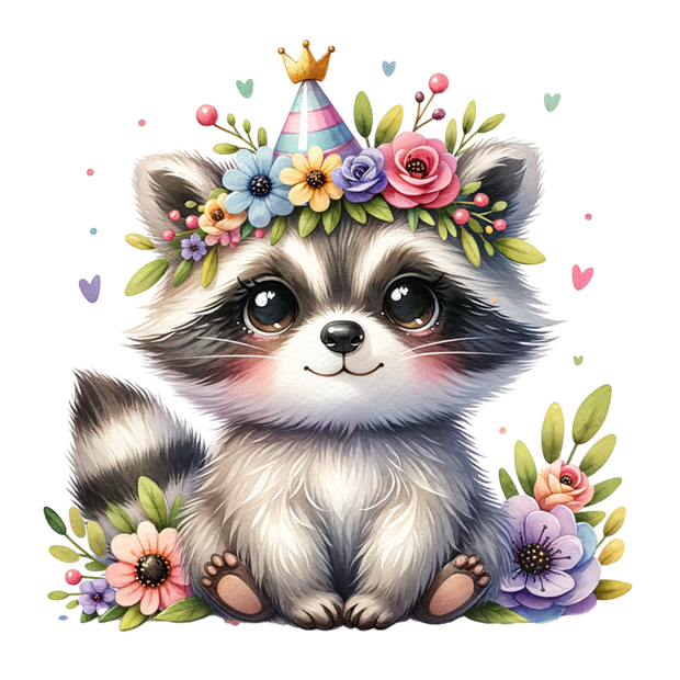 BABY RACCOON IN PARTY HAT CLIPART DTF (direct-to-film) Transfer