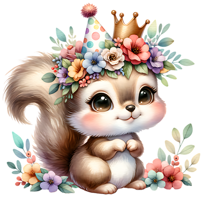 BABY SQUIRREL IN PARTY HAT CLIPART DTF (direct-to-film) Transfer