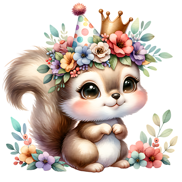 BABY SQUIRREL IN PARTY HAT CLIPART DTF (direct-to-film) Transfer