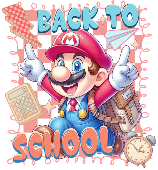 Back to School Mario with Backpack DTF (direct-to-film) Transfer