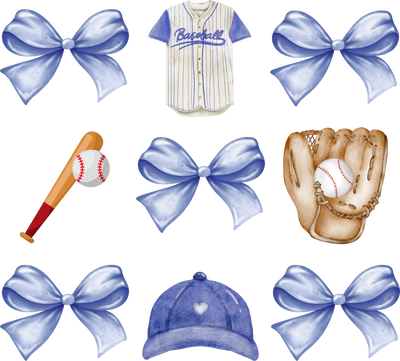 Baseball Bat Glove & Blue Bows DTF (direct-to-film) Transfer