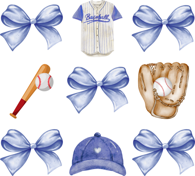 Baseball Bat Glove & Blue Bows DTF (direct-to-film) Transfer