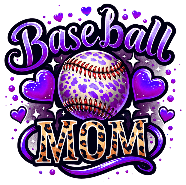 Baseball Mom Hearts in Purple DTF (direct-to-film) Transfer