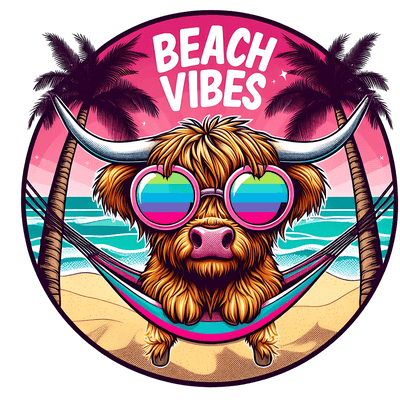 Beach Vibes Highland Cow in Shades DTF (direct-to-film) Transfer