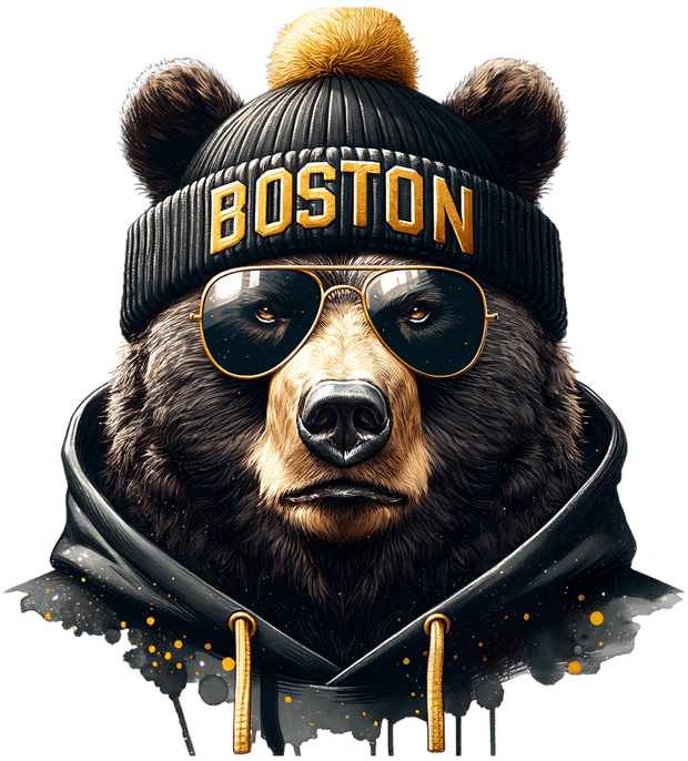 Bear in Boston Cap & Colordrip Hoodie DTF (direct-to-film) Transfer