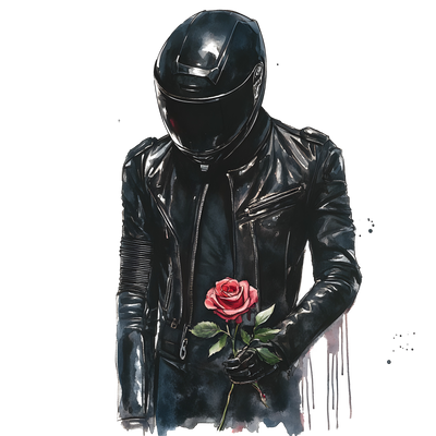Biker in Black Holding Long Stem Rose DTF (direct-to-film) Transfer