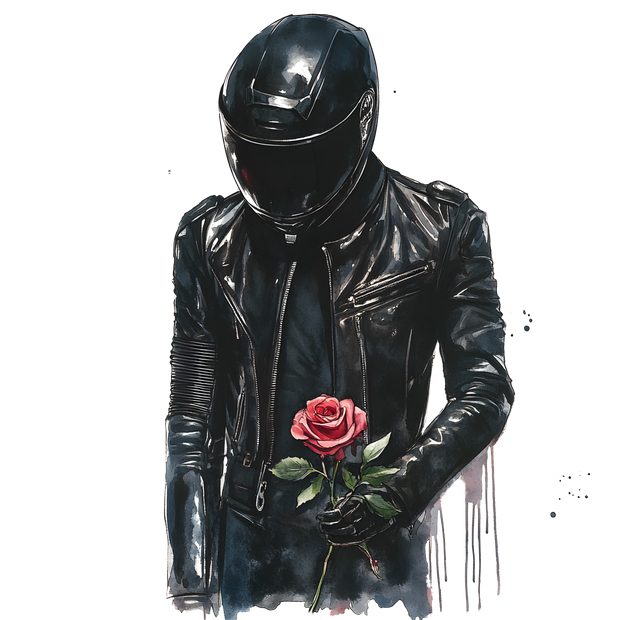 Biker in Black Holding Long Stem Rose DTF (direct-to-film) Transfer