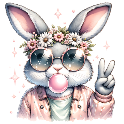 Bubble Bunny In Sunglasses With Peace Sigh and Floral Headband DTF (direct-to-film) Transfer