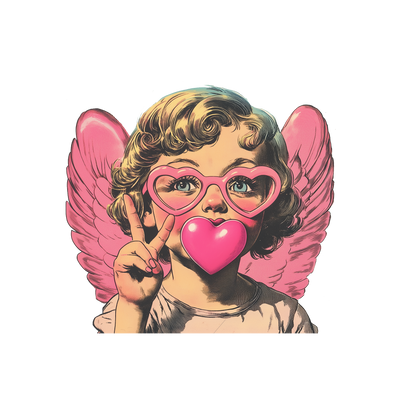 Bubblegum Cherub With Heart Glasses And Pink Wings DTF (direct-to-film) Transfer