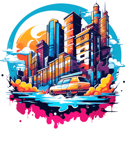 Buildings with Orange SUV Color Drip DTF (direct-to-film) Transfer