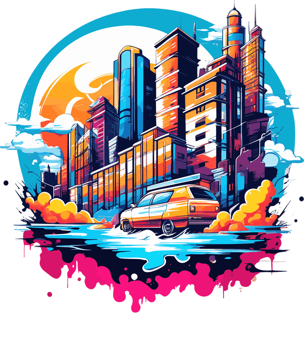 Buildings with Orange SUV Color Drip DTF (direct-to-film) Transfer