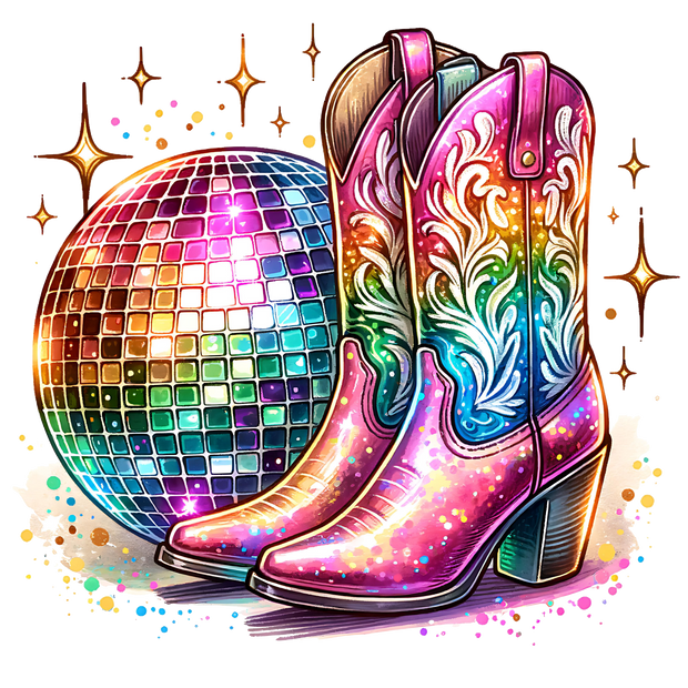 COWBOY BOOTS AND DISCO BALL DTF (direct-to-film)