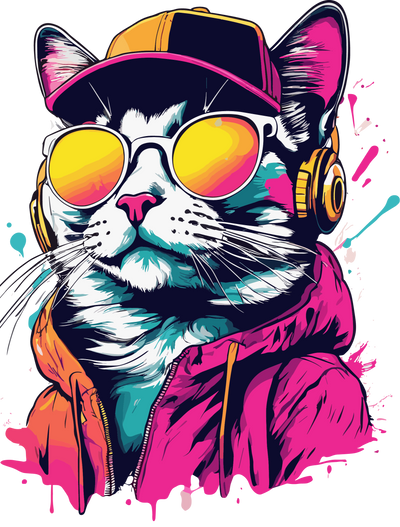 Cat in Hat Color Drip DTF (direct-to-film) Transfer