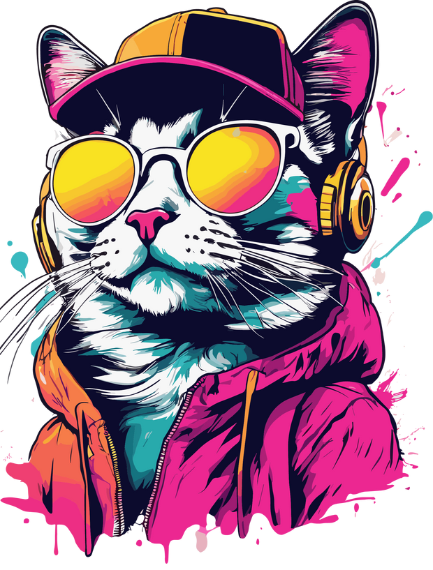 Cat in Hat Color Drip DTF (direct-to-film) Transfer