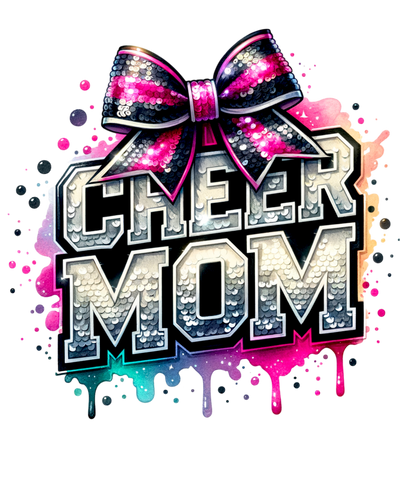 Cheer Mom Silver Faux Glitter Pink & Black Bow DTF (direct-to-film) Transfer