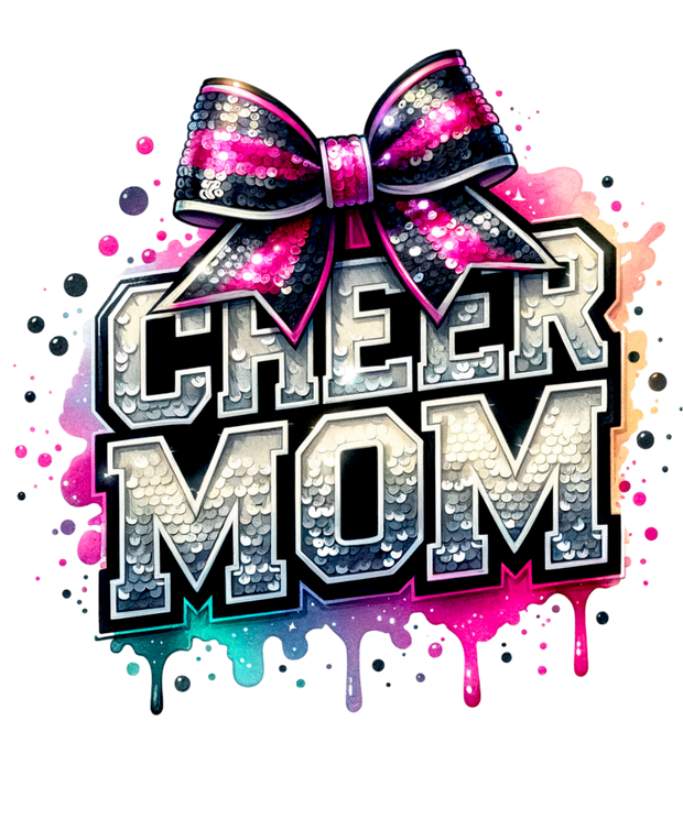 Cheer Mom Silver Faux Glitter Pink & Black Bow DTF (direct-to-film) Transfer