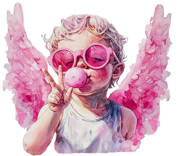 Cherub In Pink Glasses Blowing Bubble DTF (direct-to-film) Transfer