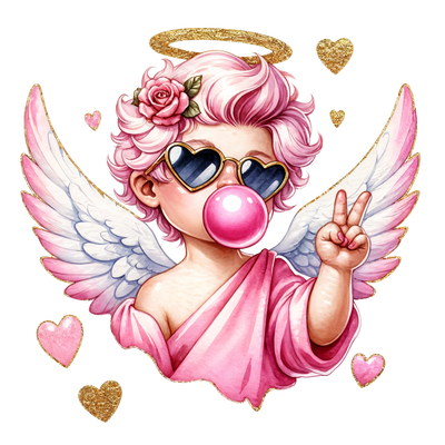 Cherub In Sunglasses Blowing Bubble With Wings In Pink And Gold  DTF (direct-to-film) Transfer