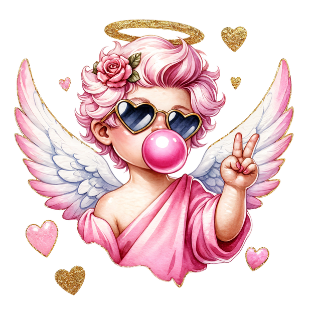 Cherub In Sunglasses Blowing Bubble With Wings In Pink And Gold  DTF (direct-to-film) Transfer