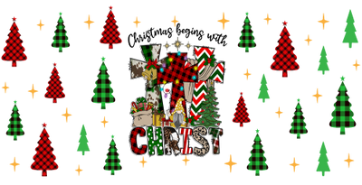 Christmas Begins With Christ- Jesus Christmas-Buffalo Plaid Leopard Christmas 16oz UV DTF Libby Cup Wrap