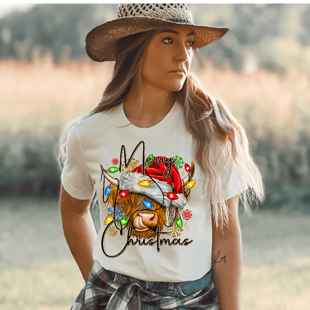 T-Shirt with Merry Christmas Cow 2 in DTF - Twisted Image Transfers