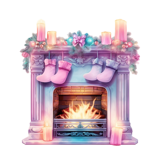 Christmas Fireplace With Pastel Stockings DTF (direct-to-film) Transfer