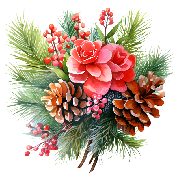 Christmas Floral With Pinecone DTF (direct-to-film) Transfer