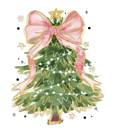 Christmas Tree White Lights & Large Pink Bow DTF (direct-to-film) Transfer